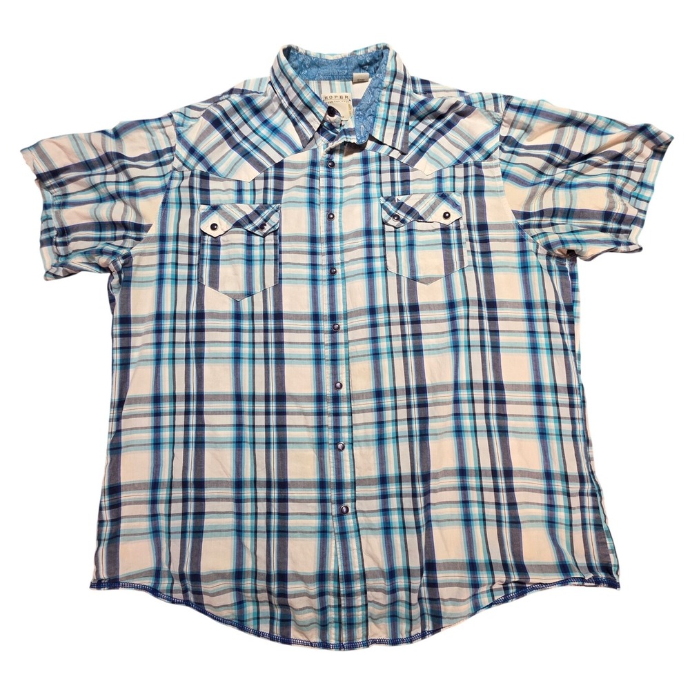 Roper Men's Western Pearl Snap Shirt Blue White Plaid‎ 2XL Cotton Short Sleeve